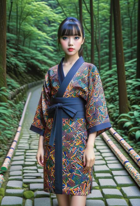 masterpiece, best quality, ultra detailed, HDR, photorealism, sfw, A girl, black mini yukata, pretty face, (the patterns appear like layers of colored pencils:1.35), the girl looking at camera, landscape, nature, forest, japanese mountainside, night, HDR, pale skin, (black bold eyeliner, makeup:1.1334), very detailed radiant eyes, detailed lips, detailed face, cute, pretty, bangs, posing elegantly, in shinto temple, the backdrop should be of a forest, it should be at night, fullbody shot, spider_lillies, <Pencil_morph_style-000008:1.55>