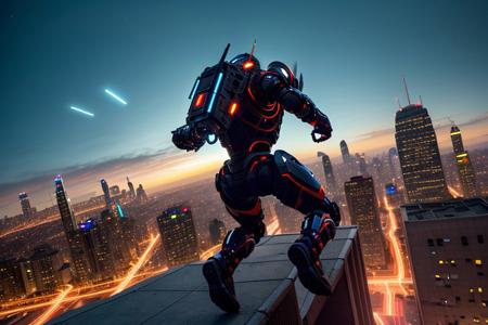 Score_7_up, score_8_up, score_9, absurdres, best quality, top quality, Tech knight, tech armor, jumping over buildings, trail of light, cybercity, dystopian, daylight, chased by drones, side view, blur, moving lines, shooting