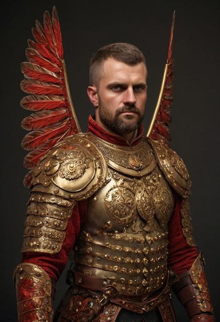symmetrical wings attached to back, dual winged hussars, ornate red stylized wings attached to back of man, 2 large hussar wings behind back, undercuthaircut, Photorealistic oil painting of (Handsome:1.1) (Polish) (Irish) (Slavic) (bright sapphire eyes) (half-dragon warrior-prince:1.2) with (intricate metallic red brass scales seamlessly melded into arm and neck:0.9), 28-year-old, (darkblonde undercut hair:1.1), (medieval fantasy clothing:1.2), grimdark fantasy, (medieval) fantasy, high fantasy, epic fantasy, (upper body:1.3) (medium shot:1.3) taken with (fujifilm xt3:1.1), film grain, dark style, raking light dramatic hard shadows, (dramatic lighting:0.9), material contrast, cinematic composition, intricate details, masterpiece, visually stunning, evocative, vivid deep hues, brass, red runes, (body transformation:1.2), <dhevv:ds-style:rsd1.5>, realistic eyes, scaleborn, scales, undercut, royal, red armor, symmetrical armor, large nose, wide nose, wide nosebridge, tallnose, dour expression, full beard, strongman, raised eyebrow