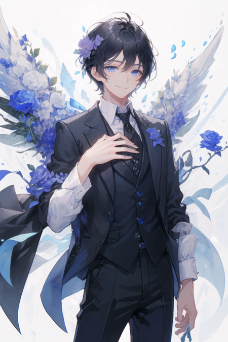 solo, 1boy, black hair, black suit, blue eyes, gently smile, hand on chest, blue rose flowers, blue flowers, leaves, from front, glance at viewer, flower wings, random flowers