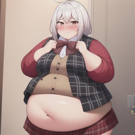 1girl, fat, ahoge, blush, checkered, checkered_shirt, closed_eyes, english_text, full-face_blush, nose_blush, plaid, plaid_bikini, plaid_bow, plaid_dress, plaid_jacket, plaid_panties, plaid_scarf, plaid_shirt, plaid_skirt, plaid_vest, red_shirt, shirt, solo, unmoving_pattern, white_hair