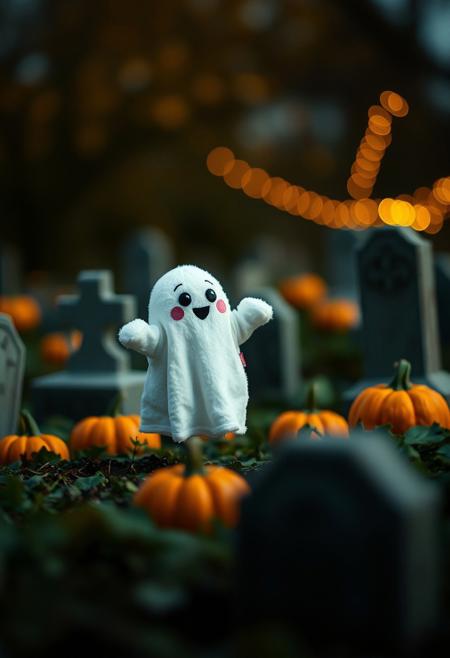 35mm photograph, film, bokeh, professional, in the graveyard sits one adorable cute plushie ghost, floating above ground, in moonlight, pumpkins, hyperrealistic, super realistic, sharp focus, 32k, (((masterpiece))) (((ultimate quality))), exquisite beauty, highiest texture resolution, photorealistic, fantasy setting, epic composition, ral-smlvltnpls, close to viewer,