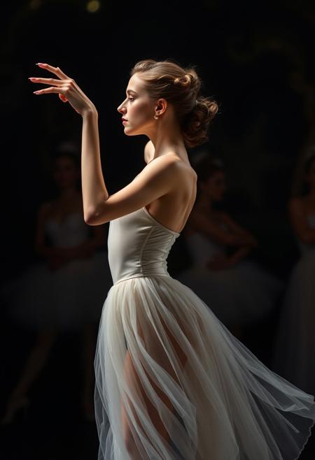 full-scene view, decadence, l'imagism, suprematism, profile, blur, corps de ballet, beautiful ballerina, dynamic expression body, illusion, delicate, dynamics of movement, professional photoshoot, 50mm lens, chiaroscuro lighting, expression, masterpiece, hyper-realistic, hyper-detailed, ultra-sharp, quantum rendering