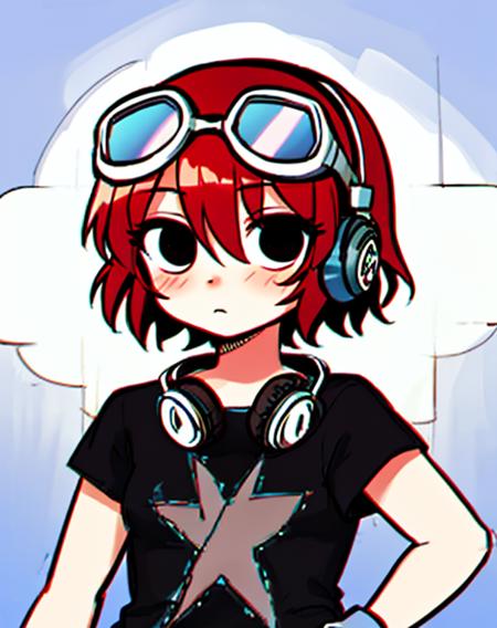 <lora:SakuraVRC:0.6> SakuraVRC, 1girl, solo, short hair, red hair, black eyes, hair between eyes, blush, cowboy shot, <lora:scottpilgrimvstheworld_v5_BryanLeeOMalley_Mix_3_7:1> scottpilgrimvstheworld, black eyes, blomalley, bloom, <lora:anti_longtorso_v10:1.5>, <lora:ChromaticAberration:0.3>,  <lora:GamerFashion-rgb-V1:1> rgb, headphones, goggles, gamer, (masterpiece, best quality:1.3),