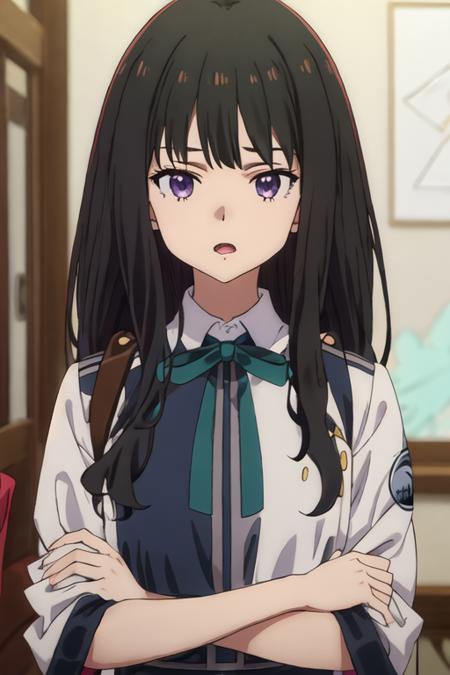 best quality, masterpiece, highres, solo, {inoue_takina_lycorisrecoil:1.15}, black_hair, long_hair, bangs, purple_eyes, closed_mouth, ribbon, green_ribbon, neck_ribbon, 1girl, anime_coloring, blurry, blurry_background, looking_at_viewer, open_mouth, portrait, shirt, close-up, parody