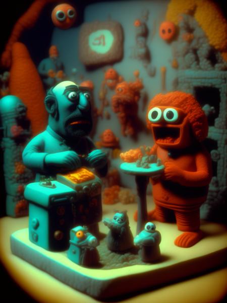 <lora:CLAYMATION:1>35mm color film still of 1980s will vinton claymation foods with faces