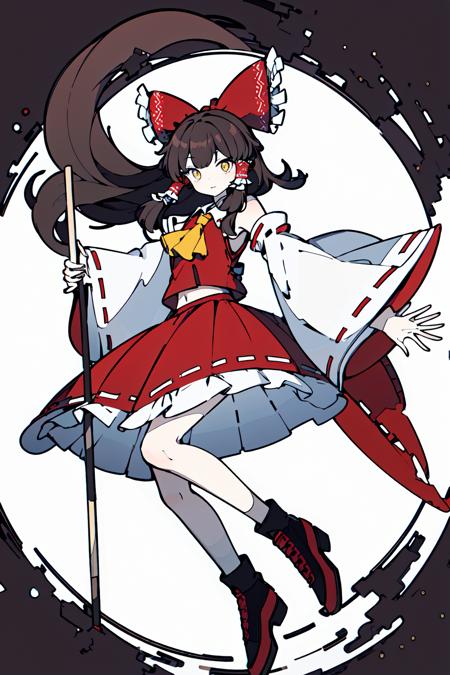 masterpiece, intricate detail,best quality, <lora:HaranoKaguyama:0.8>1girl, solo, hakurei reimu, gohei, bow, hair bow, white pupils, bright pupils, yin yang, white background, hair tubes, red bow, detached sleeves, ascot, wide sleeves, orb, shoes, red vest, black footwear, yellow ascot, brown hair, holding stick, simple background, bangs, stick, holding, full body, sidelocks, nontraditional miko, medium hair, white eyes, red skirt