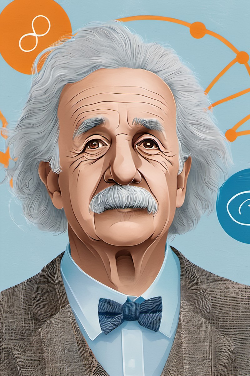 Minimalistic modern illustration closeup of Albert Einstein with wild white hair and expressive, thoughtful facial feature...