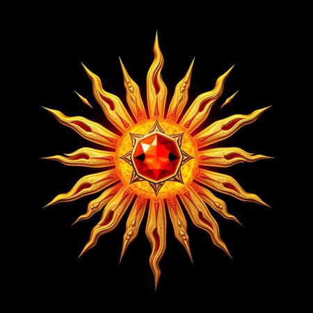 The sacred emblem of the Church of the Blazing Sun is a radiant symbol of divine fire and light. At its center is a glowing sun disk, crafted from gold, with flames etched in intricate detail radiating outward. These flames flicker with divine energy, symbolizing the purity and power of the sun. Surrounding the disk is a halo of fiery rays, each ray representing an aspect of illumination and divine wisdom. Embedded within the center is a crimson gemstone, glowing with an inner fire, reflecting the blazing fervor of the church's doctrine.
The emblem is often displayed on priestly garments, altar cloths, and temple walls, exuding warmth and intensity. It serves as a constant reminder of the church’s creed—light overcoming darkness, fire purifying all, and the sun's endless cycle of rebirth. The detailed flame motifs and metallic shine reflect the church’s power and relentless pursuit of truth.