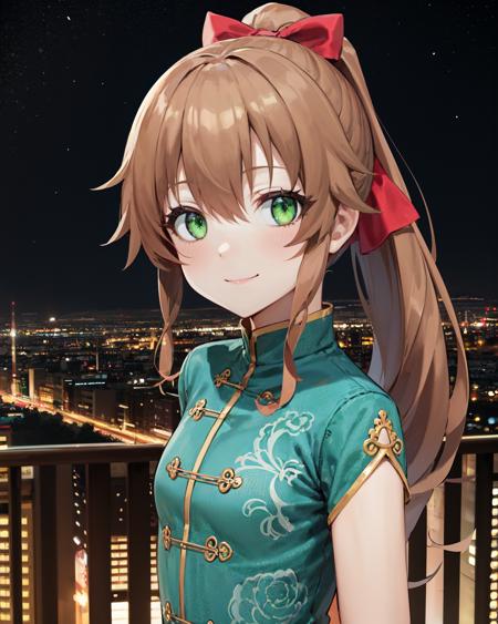 best quality, (masterpiece:1.2), illustration, absurdres,
(1girl), (solo), (beautiful detailed girl),  (upper body, portrait),
<lora:TowaQipao-08:0.8>, Towa Herschel, brown hair, ponytail, hair ribbon, green eyes, petite, small, short, flat chest, small breasts,
chinese clothes, green dress, green shoes,
looking at viewer, smile,
night, on balcony, city lights, starry sky, overlooking city,