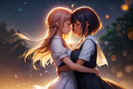 (Magical Digital Artwork:1.3) of (Visual novel:1.3),(Romantic:1.3) a mother hug daughter, closed eyes, mid-shot, (bokeh:1.3), (light particles:1.3), (haze:1.2), (depth of field:1.3), (lens flare:1),(by Artist Kadir Nelson:1.3),CGSociety,ArtStation,(Provia:1.3)