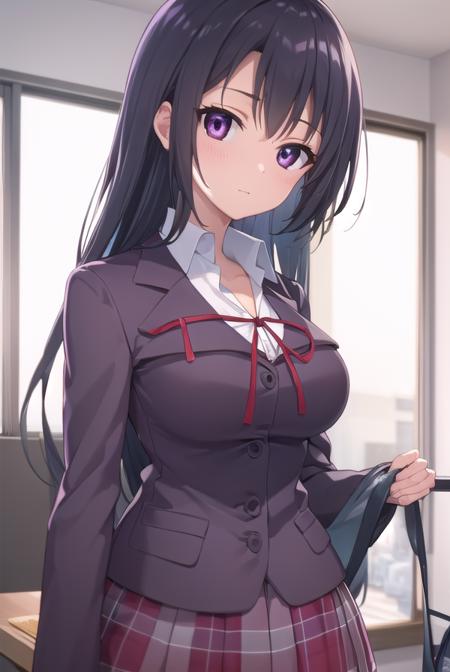 chizuruakaba, <lora:chizuru akaba s2-lora-nochekaiser:1>,
chizuru akaba, long hair, black hair, (purple eyes:1.1),
BREAK skirt, school uniform, plaid, plaid skirt, shirt, white shirt, collared shirt, jacket, long sleeves, black jacket,
BREAK indoors, classroom,
BREAK looking at viewer, (cowboy shot:1.5),
BREAK <lyco:GoodHands-beta2:1>, (masterpiece:1.2), best quality, high resolution, unity 8k wallpaper, (illustration:0.8), (beautiful detailed eyes:1.6), extremely detailed face, perfect lighting, extremely detailed CG, (perfect hands, perfect anatomy),