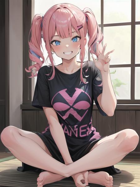 1girl, gyaru, pink hair, grin, victory pose, lotus position, double v, long t-shirt, oversized clothes, bare legs, 
indoors,