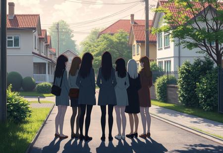anime style, suburbs, on the street, beautiful houses, during the day, view from far, a group of 7 faceless 30 years old women standing whispering each other in a corner at the distance looking at the viewer