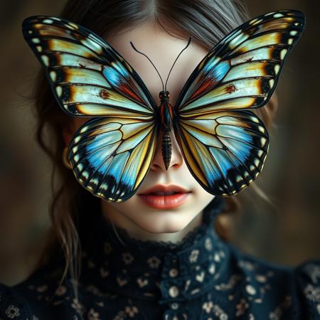 (close-up,girl in black high-collar lace blouse,enormous butterfly in front of face,butterfly wings covering eyes completely,(extremely detailed eyes and face),mysterious expression,(beautiful detailed eyes peering through),lace fabric texture,((best quality,4k,8k,highres,masterpiece:1.2)),ultra-detailed,(realistic,photorealistic,photo-realistic:1.37),HDR,UHD,studio lighting,vivid colors,bokeh,portrait,fantasy,delicate butterfly wings,intricate lace pattern,((butterfly and girl interaction)),((butterfly's wings)),((girl's serene face)),((black lace elegance)),((butterfly's iridescent colors)),((soft focus background)),((girl's poised posture)),((nature and fashion blend))