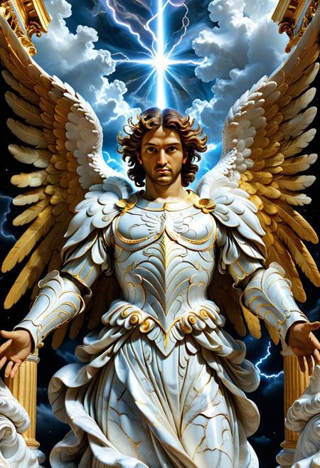(hyper-detailed close-up:1.4), (archangel with six fractured wings:1.3), feathers half-burned/half-pristine, glowing cracks in pearl, eyes like molten gold, flowing robes, floating in a stormy heaven, lightning illuminating celestial armor, (background: crumbling pillars of paradise), (style: Caravaggio meets Final Fantasy), extream close-up, Liquid Marble
