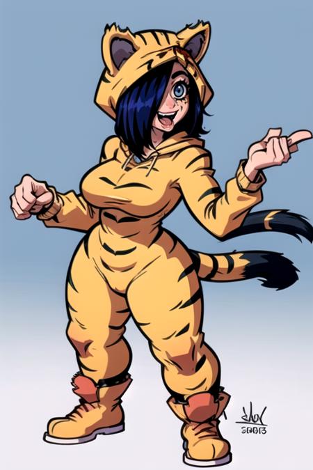 1girl, solo, breasts, smile, open mouth, black hair, holding, animal ears, blue hair, tail, full body, hood, hair over one eye, cosplay,animal print, @_@, blood on face, animal costume, tiger print, crazy eyes, <lora:stephanie:0.6> full body, standing pose, thicc