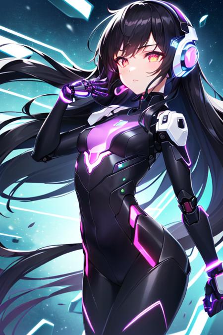 (sfw), intricate details, (bright neon colors), detailed background, night, 1girl, (petite, (cute face, bright glowing purple eyes), (human torso, petite perky breasts, robotic limbs), (black hair, absurdly long hair, hair blowing in the wind)), sleek detailed impossible bodysuit, cybernetic headset, sneaking, dynamic angle