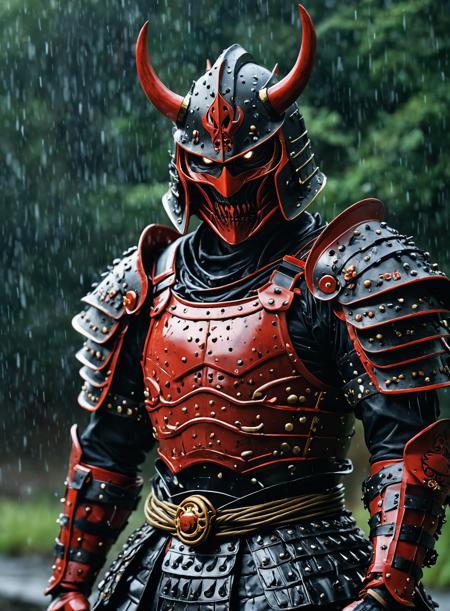 male demon,heavy samurai armor,night,rain,kabuto helmet,outdoors,