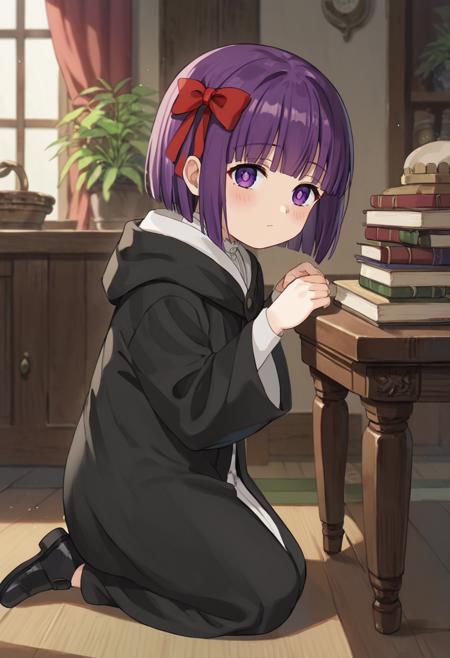 fern-small, fern \(sousou no frieren \),purple eyes,purple hair,short hair,hair ribbon,red ribbon,black robe,hooded robe,black footwear fern-small, fern \(sousou no frieren \),purple eyes,purple hair,long hair,white dress,sundress,bare shoulders