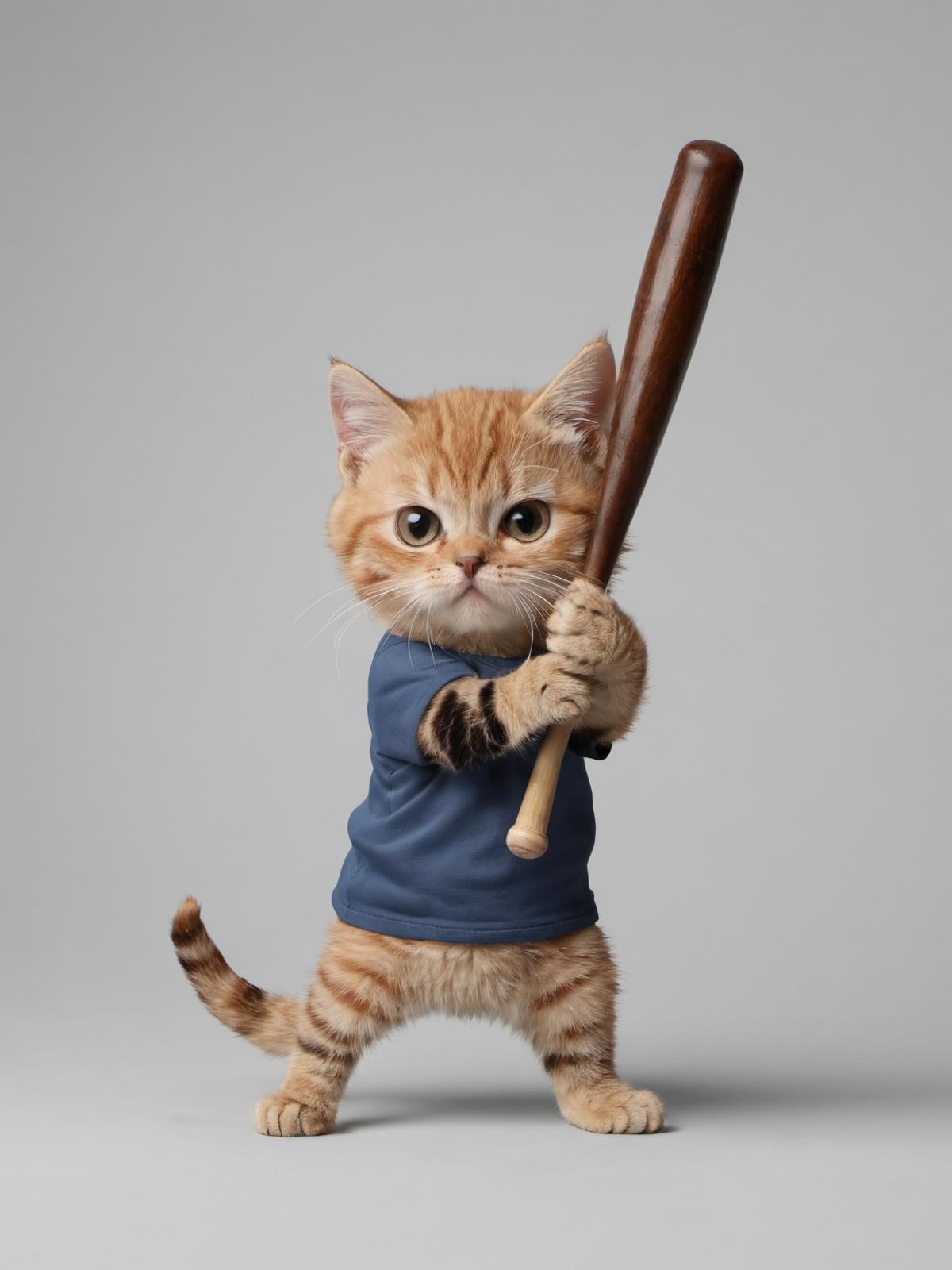 A small orange and white cat in a blue shirt holding a baseball bat.