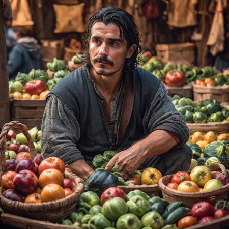 highly detailed analog photo of vendor (grocer), 

1boy, black hair, solo, holding, male focus, food, indoors, blurry, fruit, depth of field, blurry background, facial hair, knife, beard, realistic:1.3, mustache, apple, basket, vegetable, holding basket, onion,  (professional lighting:1.2)

masterpiece, best quality:1.1, 


depth of field:1.1, 
(analog photography:1.2),



