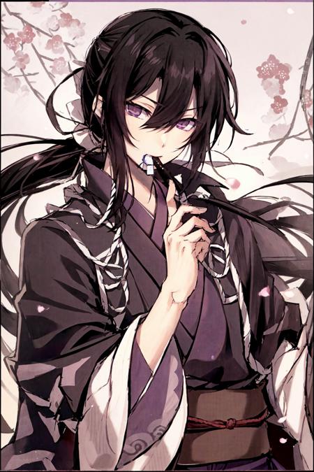 Hijikata Toshizou,  black hair,  japanese clothes,  long hair,  looking at viewer,  mouth hold,  ponytail,  purple eyes,  ribbon, <lora:EMS-46732-EMS:1.000000>