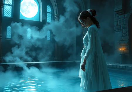 (High Resolution Hyper-Realistic Digital Painting: Steam and Light), "Moonlit Mystery", set in a medieval castle, features a Filipino maid wearing a diaphanous robe, bathed in the pale blue glow of a full moon. Standing next to an indoor pool swathed in mist, she leans forward to gauge the water's temperature.
In this high resolution rendering, each strand of hair, fold of fabric, and ripple on the water's surface is captured with painstaking precision. The interplay between steam and light creates an otherworldly ambiance, enhanced by the nocturnal setting. The combination of hyper-realism and the ethereal moonlight results in a stunning visual narrative, inviting viewers to uncover the secrets hidden beneath the veil of vapor.