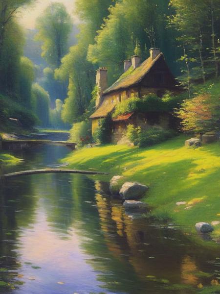 <lyco:WorthingtonWhittredge:1.0> a painting of a river and a house in the woods, in the style of gaston bussière, vignetting, vignettes of paris, quiet contemplation