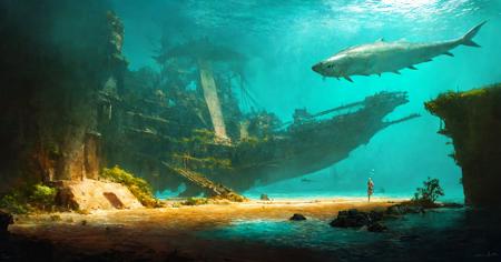 (masterpiece:1.2),best quality,high resolution,unity 8k wallpaper,(illustration:1),scenery,
underwater, fish, ruins, science fiction, 1girl, very wide shot, signature, ship, watercraft, solo, air bubble