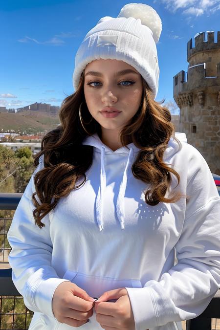 iamdytto wearing white hoodie, long hair, [blue eyes], makeup,
beanie hat, earrings,
upper body, solid castle background, 
 <lora:iamDytto_v1.1:0.7>