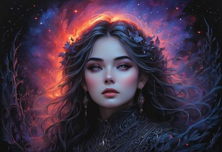 (masterpiece), (best quality), (ultra-detailed), Midjourney, MJ, Midjourney style, poster, manga, anime, gothic (masterpiece, best quality, hyperdetailed, ultra-realistic, 32k, RAW photo), low-key, chiaroscuro, (((close-up ethereal girl: 1.5))), BREAK, a hidden place where (((glowing traces of wandering souls: 1.3))) are cursed to remain creatures, a forest of glowing purple and red mushrooms, a ruined star vortex collides in the sky, 3 suns in the sky, fog on the calm waters of a lake, (((fortress on a hill))), BREAK, a dark silhouette of a hero in dust, mysterious, mesmerizing, dramatic, ornate, detailed, in a mesmerizing atmospheric dark fantasy style, VHS, horror, 80's horror with bright colors, the scene is captured in a dimly lit dark fantasy, but in bright, luminous colours, with thick ink lines defining the form against a background of watercolour washes on old paper, illustration, disheveled hair, detailed eyes, perfect composition, moist skin, intricate details, earrings,