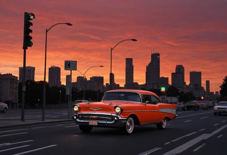 car, motor vehicle, no humans, road, building, city, lamppost, sky, outdoors, scenery, orange sky, street, sunset, cityscape, vehicle focus, skyscraper, red sky, evening, gradient sky, shadow, traffic light, twilight,  full-size car, cloud, dusk, red background, crosswalk, window, skyline, road sign, (1957 Chevrolet Bel Air)