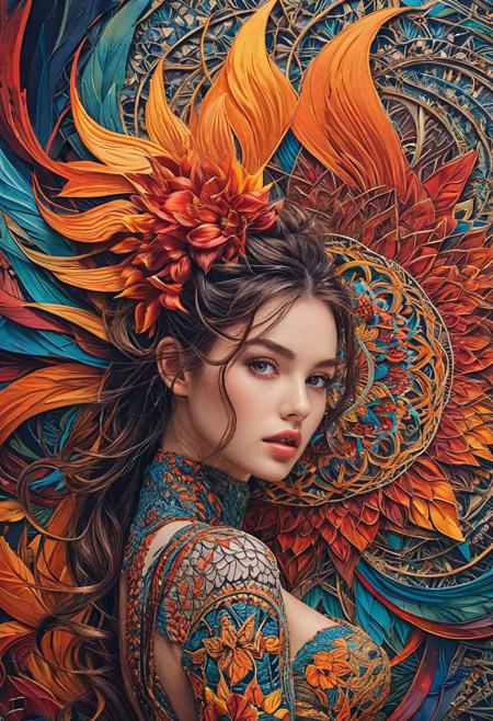 photo of TWbabeXL01, NSFW, official art, unity 8k wallpaper, ultra detailed, beautiful and aesthetic, masterpiece, best quality, realistic, 1girl, extremely detailed, dynamic angle, (zentangle, mandala, tangle, entangle), the most beautiful form of chaos, elegant, a brutalist designed, vivid colors, romanticism, plasma flame,