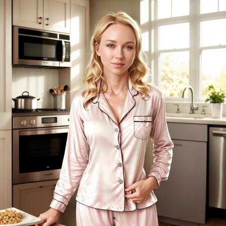 a photo of a (na0mi-watts-t2), standing in a kitchen, fridge, table, cereal, (((pajamas))), bare feet, medium breasts, smiling, (beautiful face), (blonde hair), (8k, RAW photo, highest quality, best quality, masterpiece, ultra-detailed, hires, absurdres), (photorealistic, hyper-realistic),