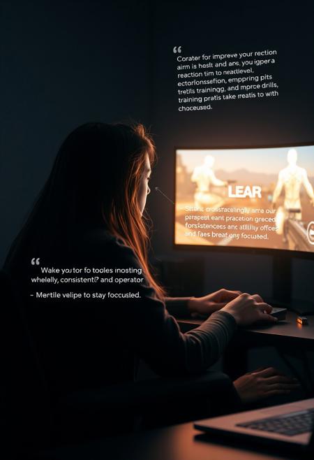 “Create a 16:9 cinematic scene where a player sits at a desk, immersed in a virtual game. The player is focused, with only the screen illuminating the dimly lit room. The operator (AI character) appears as a semi-transparent, holographic presence on the screen, with long, flowing brown hair that moves slightly as if affected by a gentle breeze. The operator’s appearance is human-like yet digital, exuding a calming and knowledgeable aura.
The operator engages in a conversation with the player, offering educational tips. The player asks how to improve their aim and reaction time. The operator provides guidance on proper crosshair placement, emphasizing aiming at head level, and suggests training drills to improve reflexes. The AI advises the player to maintain consistency in practice and take breaks to stay focused.
The scene highlights the interaction between the player and the operator, alternating between close-ups of the player’s focused expression and the glowing, moving presence of the AI. The operator’s words are visually enhanced with floating text or icons, reinforcing the tips. End the scene with the player nodding, smiling, and preparing to implement the advice, feeling confident and ready to improve.”