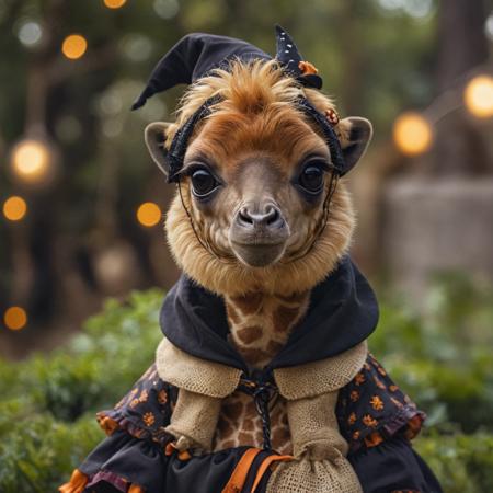 cinematic film still a baby giraffe wearing a witch  outfit ,  cute and adorable,  . shallow depth of field, vignette, highly detailed, high budget, bokeh, cinemascope, moody, epic, gorgeous, film grain, grainy