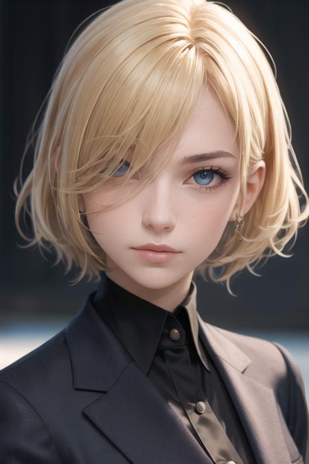 portrait of european girl,solo,20yo,beautiful face,uppser body,hair over one eye,medium sidecut, blonde hair, sharp focus,black business suit