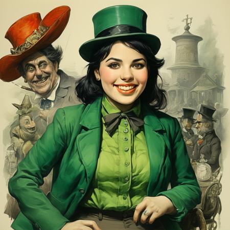 score_9, score_8_up, score_7_up, style of Thomas Nast, solo, 1girl, smiling, black hair, hour glass figure, makeup, wearing a layered green blouse, dress, jacket, hat, elegant, fantasy, vibrant colors, masterpiece, detailed,