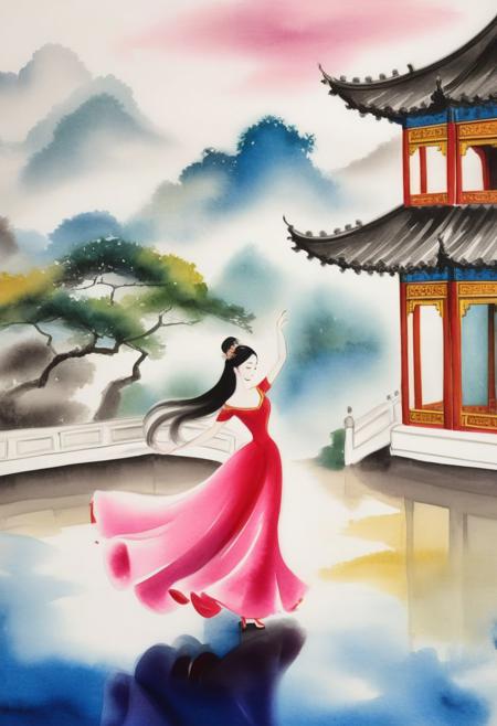 ink painting, a dancing lady in palace, landscape background