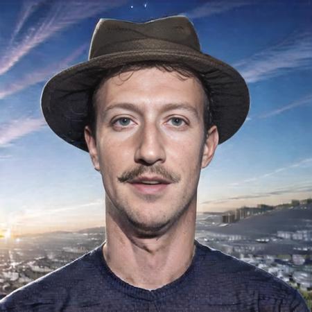 <lora:mark_zuckberg:1>,detailed eyes,detailed face,detailed body,mark zuckberg,1boy, blue eyes, brown hair, blue shirt, cloud, evening, facial hair, male focus, mustache, purple sky, realistic, red background, red moon, red sky, shirt, sky, solo, star \(sky\), starry sky, sunset, twilight, upper body,cowboy hat, mustache,