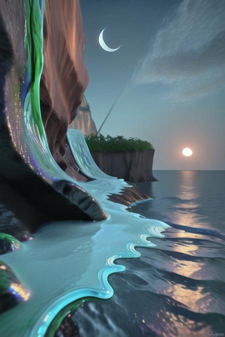 slime-morph, sl1m3d, made of slime, water fall, cliff, moon, bright lights, ultra realistic