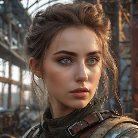 young beautiful Slavic woman with unrealistically large eyes from the TV series or computer game Fallout in a raider costume, 
post-apocalyptic atmosphere, 
photorealism, 
beautiful elegant dress, 
luxurious hair, 
chic hairstyle, 
sweet beautiful face, 
in the style of Alyssa Monks and Glenn Brown style, 
soft play of light and shadow, 
masterpiece, 
a variety of small details in the background, 
random, 
hyper detailed, 
trending on artstation, 
intricate details, 
highly detailed, 
highly detailed, 
digital painting, 
perfect result, 
HDR, 
illustration, 
very clear image, 
evocative, 
striking, 
Fluorescent light, 
Side angle perspective, 
perfect face, 
polished, 
glorious, 
seraphic, 
dreamy, 
astonishing, 
fabulous, 
captivating, 
pretty, 
mesmeric, 
elegant, 
magnificent, 
sublime, 
luscious, 
dreamy, 
Mysterious