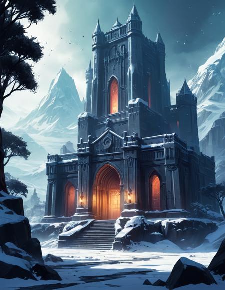 slutty, video game concept art, 2d game art, (stylized by Charlie Bowater:1.3) , concept art, landscape of The Citadel, Snowing, Gloomcore, digital art, sci-fi, magical atmosphere, pure, great light, extremely rich detail, fine artistic composition