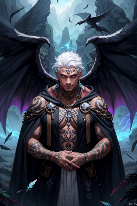 maori, polynesian, pasifika, 1boy, solo, male focus, dark skin, dark skinned male,  white hair, facial tattoo, wings, demon wings, glowing, magic, evil grin, chin tattoo, tattoo, feathers falling, robe, cloak, LUT like a movie, outdoors, fantasy painting, extremely detailed, 4 point perspective, vantage point