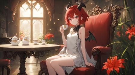 (masterpiece),(highest quality),highres,(an extremely delicate and beautiful),(extremely detailed),
solo, cup, 1girl, red hair, red eyes, sitting, crossed legs, flower, teacup, looking at viewer, red flower, white dress, dress, one side up, wings, small breasts, holding, breasts, feet out of frame, table, covered navel, bare shoulders, holding cup, short hair, bangs, teapot, sleeveless dress, horns BREAK
In a quaint café imbued with the aroma of fresh coffee, a beguiling young maiden sits, her presence an ethereal blend of fantasy and modernity. Draped in a stylish jacket, T-shirt, and skirt that flirt with the contours of today's fashion, she is not just any patron. From her back sprout dragon wings, unfurled yet at peace, and a dragon tail that coils elegantly around her chair. In her delicate hands, she cradles a bunch of lycoris flowers, their vibrant hue a poetic contrast to her enigmatic aura.