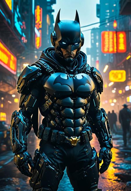 A stunning masterpiece featuring a full-body shot of Batman, captured through intricate raw photography. Set in a cyberpunk-inspired, highly detailed 3D rendering, the image showcases top-quality, ultra-high-resolution detail. The composition features a cowboy-themed photo with a photorealistic (1.4) finish, a raw photo, and official art. A close-up of a character with a complex background, the image has a surreal, atmospheric, and sinister quality.
The scene is set against the backdrop of a cyberpunk city with neon street lights, creating an Insta-worthy, Photo of the Year-worthy shot. The advanced cyber helmet, mecha, robot, armor, and mechanical arms of the figure, all set within an exo-suit, elevate the science fiction theme. The character's clothing is worn and asymmetrical, with a tactical oversized black hoodie, advanced black helmet with a HUD, and black techwear cargo pants. The figure's aggressive pose is accentuated by punk-rock, rebellious, and futuristic styling.
The image is further enhanced by high-tech weapons, vibrant colors, and sharp focus on the central figure, showcasing an advanced, aggressive, and precise style. The image incorporates realistic visual effects, realistic Octane render, and dramatic lights and shadows for a cinematic, sci-fi scene reminiscent of synthwave.
