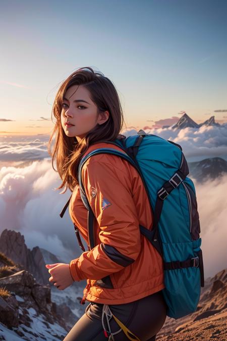 Best quality, masterpiece, ultra high res, girl, beautiful, (photorealistic:1.4), raw photo, looking away, messy hair, dynamic angle, (magnificent view), (Girl Climbs Mountain Wearing Hiking Gear and Backpack:1.4), mountain jacket, climber's hat, trekking, twilight, (above the clouds:1.4), mountain, (mountain ridge:1.4), trekking shoes, backpack, (solo, portrait:1.3), (masterpiece, original, best quality, high quality, hdr:1), best artists, detailed, ray tracing, reflections, vivid colors, high contrast, rim lights, back lights, photorealism, hyperrealism, realistic, cinematography, cinematic lighting, cinematic bloom, sfw, <lora:fix_vivid:0.4>, <lora:fix_add_detail:0.6>, <lora:fix_goodhands:0.8>