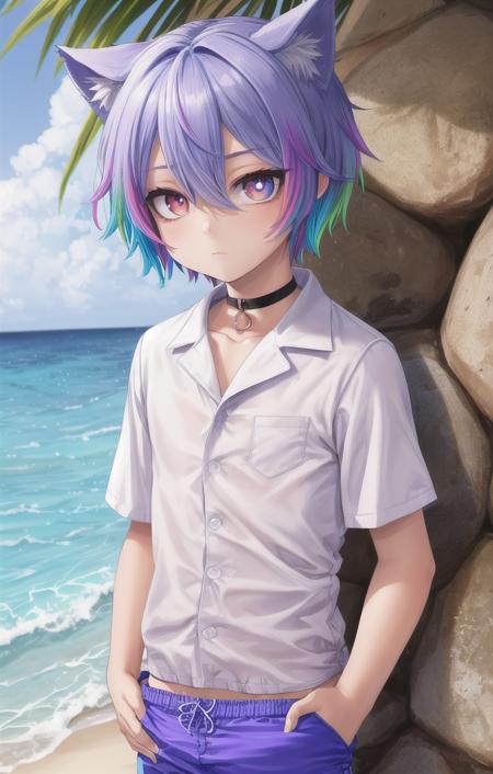 beach,animal ears,multicolored hair,1 boy,more details in eyes,very short hair,hair between eyes,cute,looking at viewer,(square swim trunks:1.5), (shirt:1.5), adorabel boy,cute face,details sky,handsome,young,juvenile,((masterpiece:1.4,best quality)),multiple details,colorful hair,white skin,colorful eyes,multicolored eyes,eyeshadow, crew cut, choker, sfw