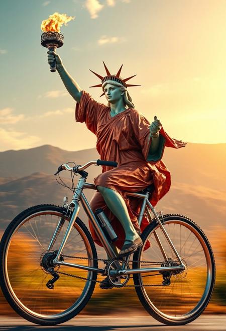 A hyper-stylistic, extremely detailed image depicts the Statue of Liberty riding a sleek, silver mountain bike. She holds her torch proudly aloft, its flames burning brightly as she zips past a stunning, sun-kissed landscape. Her copper robes flow behind her, caught in the wind as she pedals with a fierce determination. The bike's wheels are a blur of motion, with the chain and gears gleaming in the sunlight. Every detail of the image is meticulously crafted, from the intricate, textured patterns on the statue's robes to the delicate, nuanced expressions on her face. The overall effect is one of exhilarating, liberating joy, as if the viewer has stumbled upon a symbol of freedom in motion. highest-Quality, intricate details, visually stunning, Masterpiece